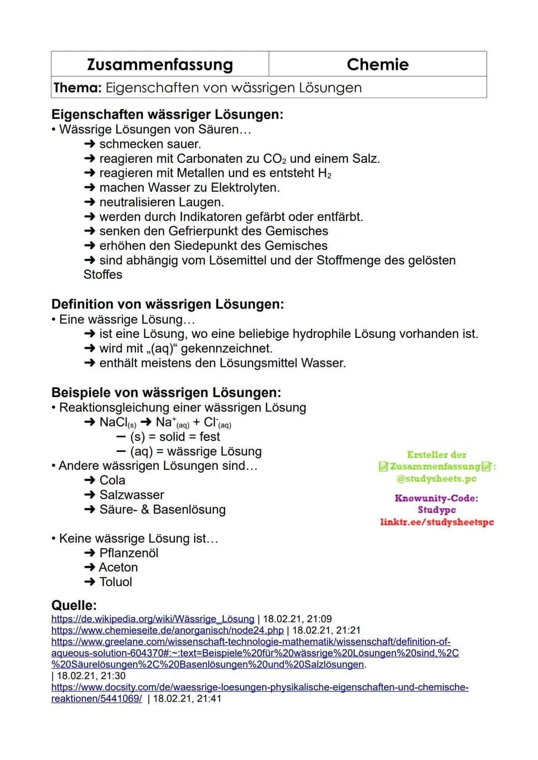 Zusammenfassung
Thema: Eigenschaften von wässrigen Lösungen
Eigenschaften wässriger Lösungen:
• Wässrige Lösungen von Säuren...
➜schmecken s