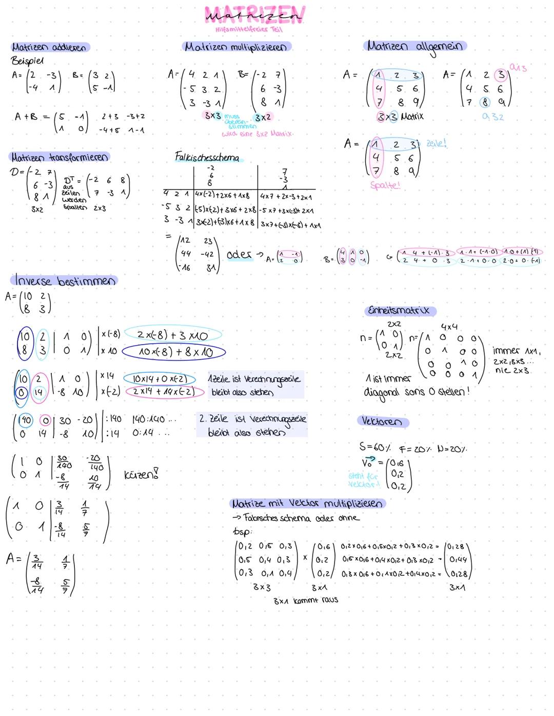 # Matrizen
## Hilfsmittelfreier Teil

Matrizen addieren
Beispiel
$A = \begin{pmatrix} 2 & -3 \ -4 & 1 \end{pmatrix}$ $B= \begin{pmatrix} 3 &