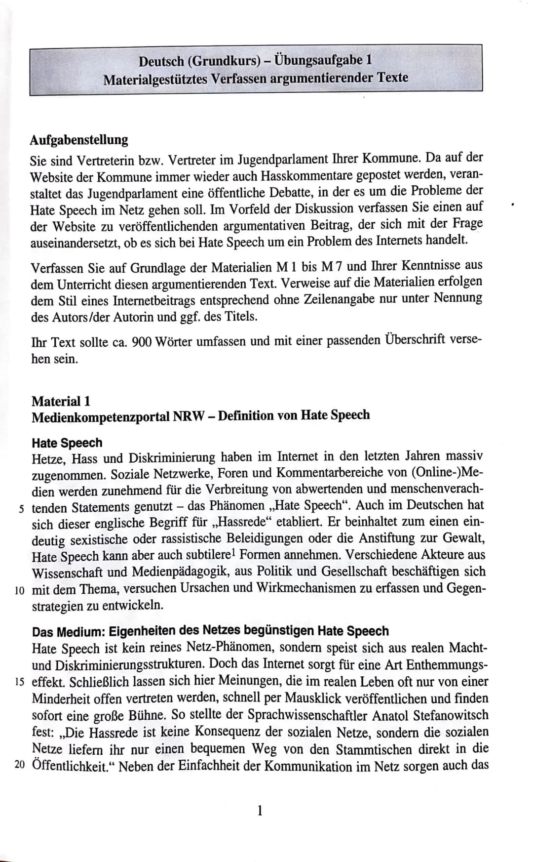 Deutsch (Grundkurs) - Übungsaufgabe 1
Materialgestütztes Verfassen argumentierender Texte
Aufgabenstellung
Sie sind Vertreterin bzw. Vertret