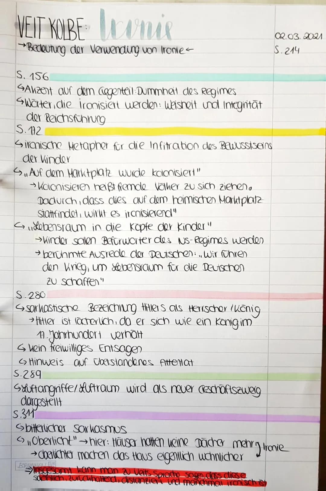 WEIT KOMBE Leonie
→Bedeutung der Verwendung von Ironie<
S. 156
Akzent auf dem Gegenteil Dummheit des Regimes
Worter die ironisiert werden: W