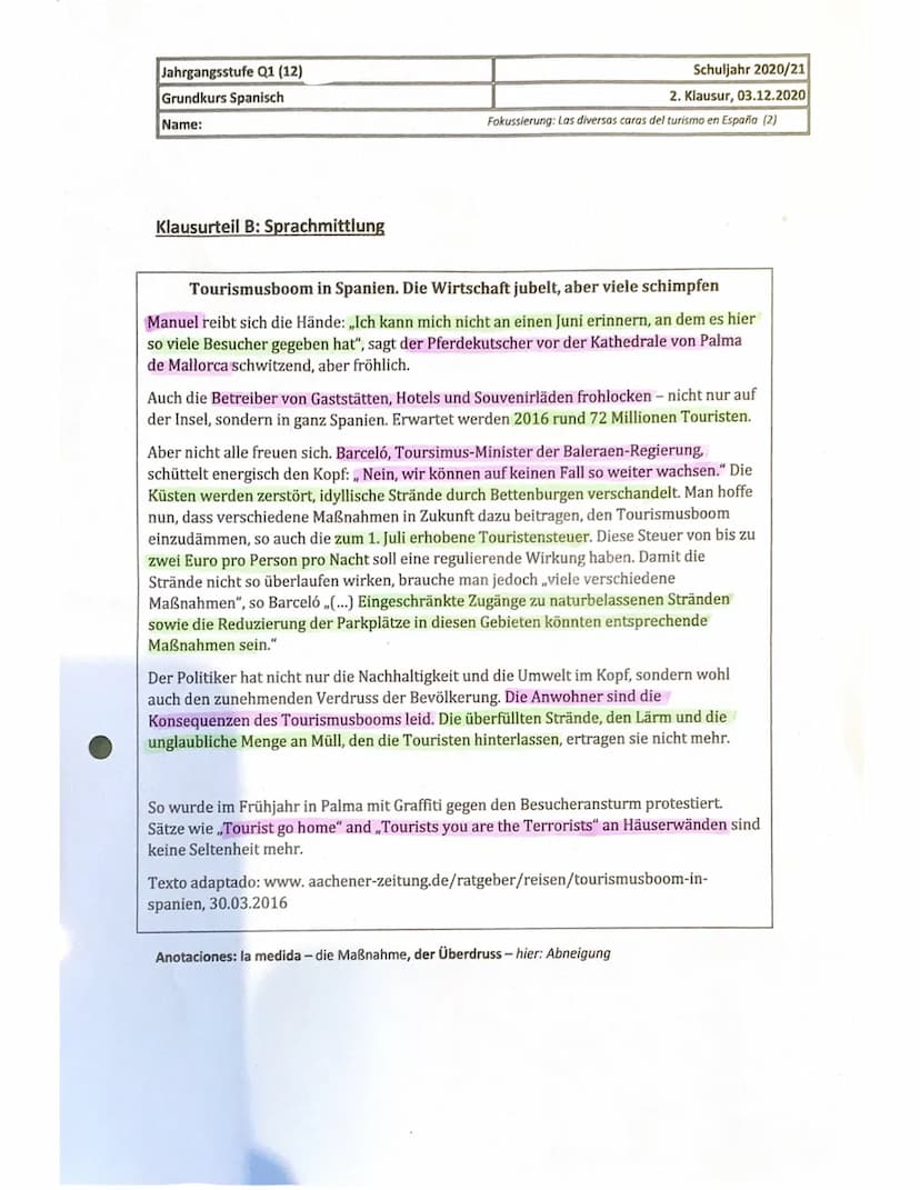 5
10
15
20
Jahrgangsstufe Q1 (12)
Grundkurs Spanisch
Name:
Schuljahr 2020/21
2. Klausur, 03.12.2020
Fokussierung: Las diversas caras del tur