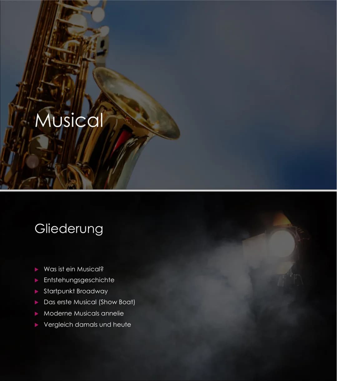 Musical
Gliederung
Was ist ein Musical?
▸ Entstehungsgeschichte
▸ Startpunkt Broadway
▸ Das erste Musical (Show Boat)
▸ Moderne Musicals ann