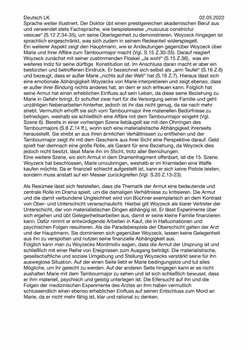 Deutsch LK
Aspektorientierte Analyse zum Thema Armut
,,Woyzeck"
02.05.2022
Das Dramenfragment ,,Woyzeck" wurde von dem deutschen Schriftstel