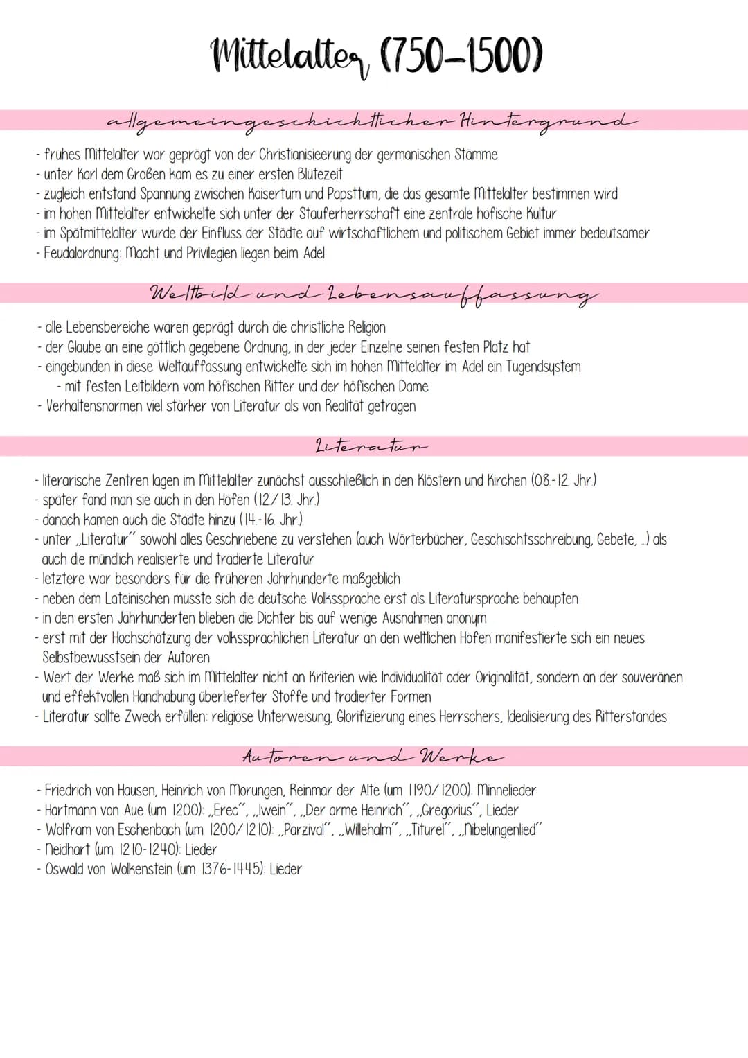 Mittelalter (750-1500)
allgemeingeschichtlicher Hintergrund
- frühes Mittelalter war geprägt von der Christianisieerung der germanischen Stä