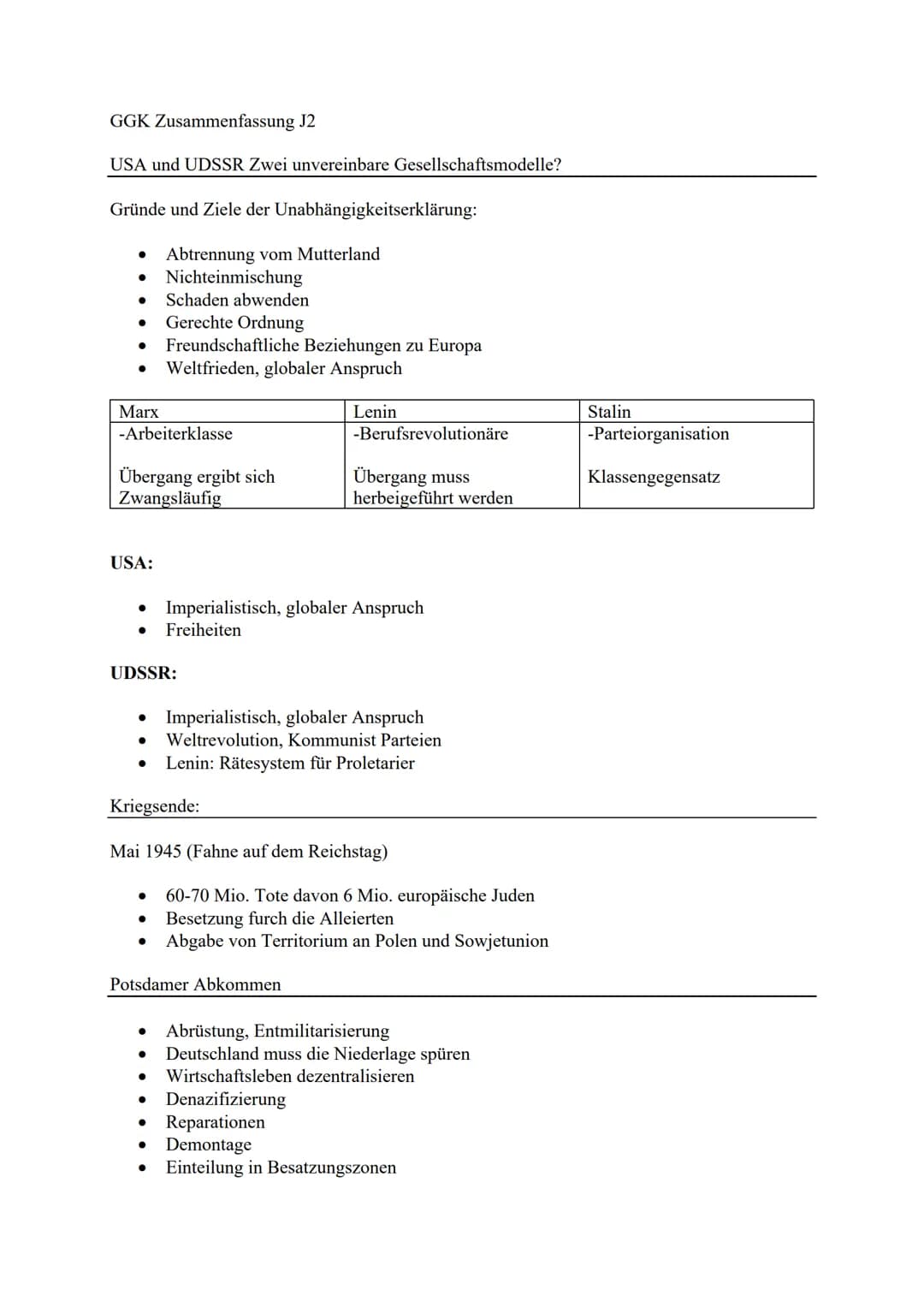 GGK Zusammenfassung J2
USA und UDSSR Zwei unvereinbare Gesellschaftsmodelle?
Gründe und Ziele der Unabhängigkeitserklärung:
Abtrennung vom M