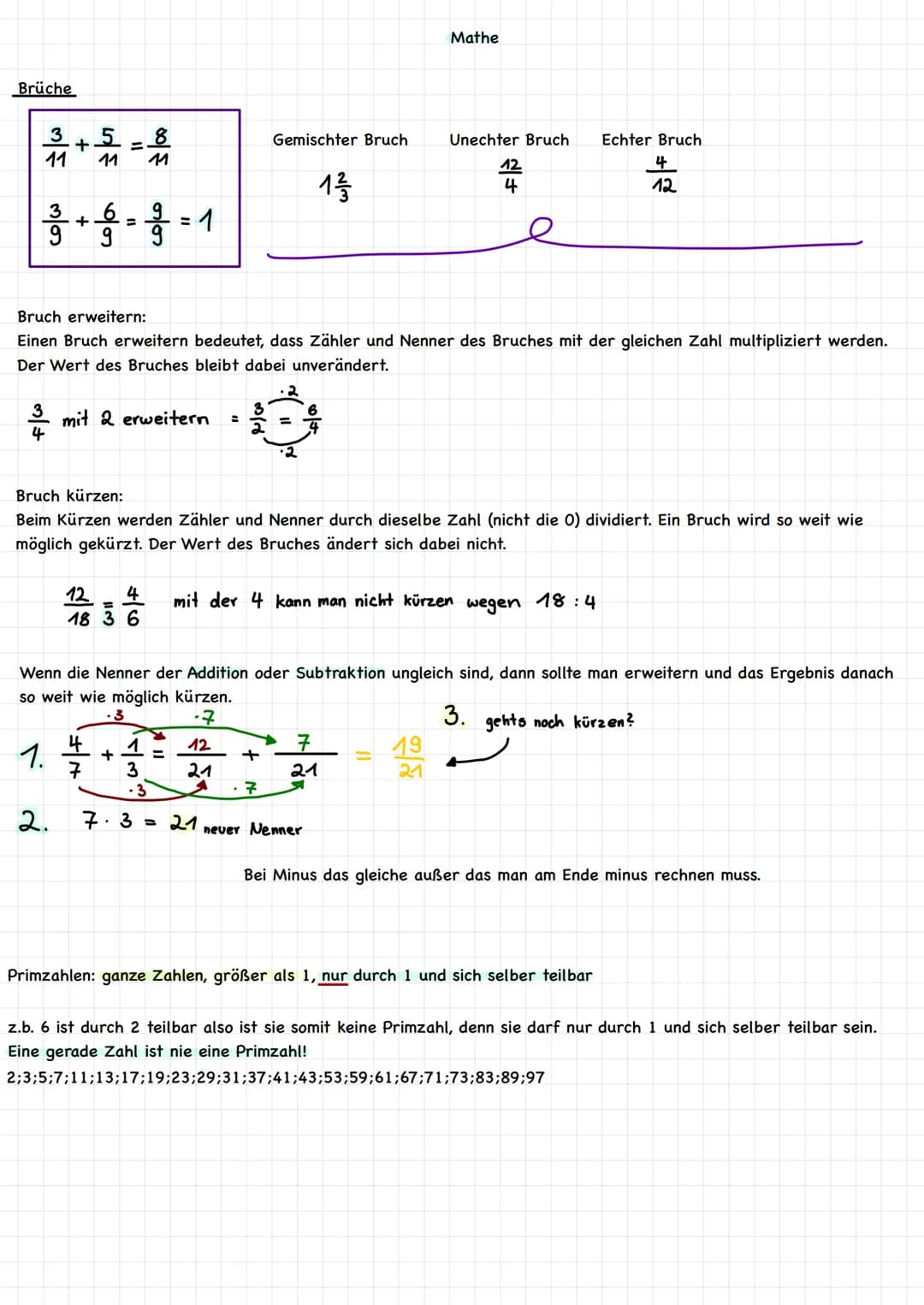 Brüche
colo I lo
+ 5
11 11
32/² + 1/² = 3/² = 1
9
3
4
1.
co/0 5/00
mit 2 erweitern
2.
Bruch erweitern:
Einen Bruch erweitern bedeutet, dass 