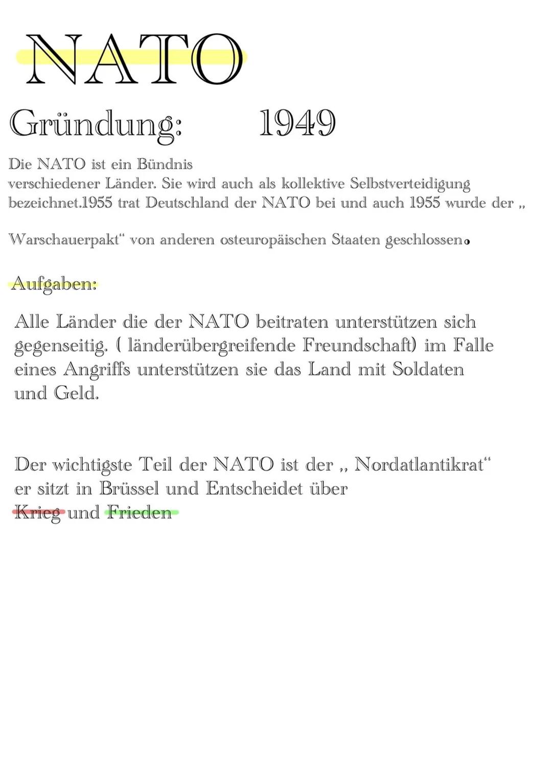 NATO
Gründung:
1949
Die NATO ist ein Bündnis
verschiedener Länder. Sie wird auch als kollektive Selbstverteidigung
bezeichnet.1955 trat Deut