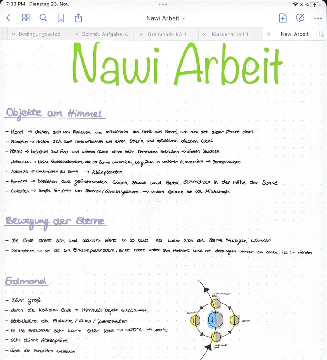 7:33 PM Dienstag 23. Nov.
< 88 Q
x Bedingungssätze
Objekte am Himmel
...
Nawi Arbeit ✓
x Schreib Aufgabe K...
X Klassenarbeit 1.
Nawi Arbeit