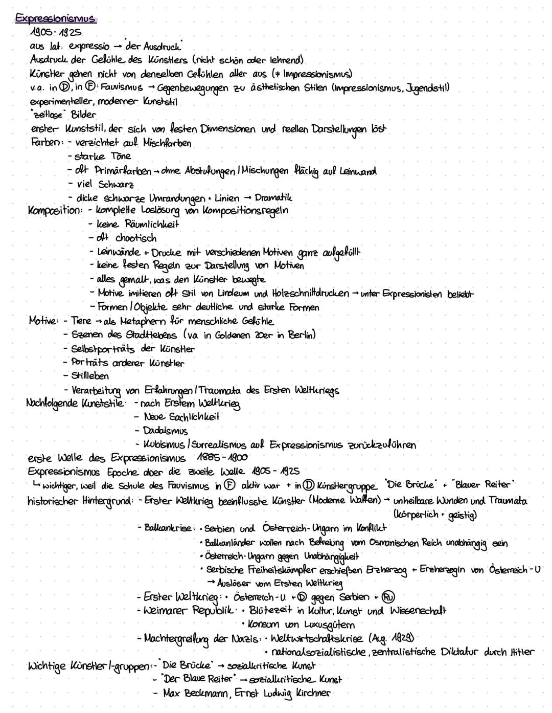 Expressionismus
1905-1925
aus lat. expressio → der Ausdruck
Ausdruck der Gefühle des Künstlers (nicht schon oder lehrend).
Künstler gehen ni