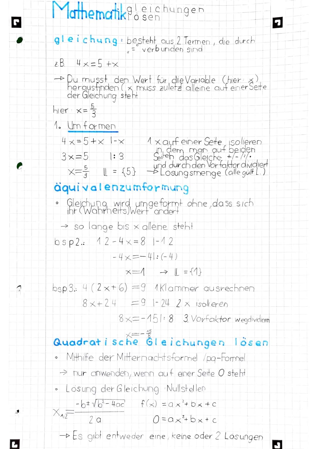 L
Mathematikgleichungen
gleichung besteht aus 2 Termen, die durch
=" verbunden sind
z. B. 4x = 5 +x
→Du musst den Wert für die Variable (hie