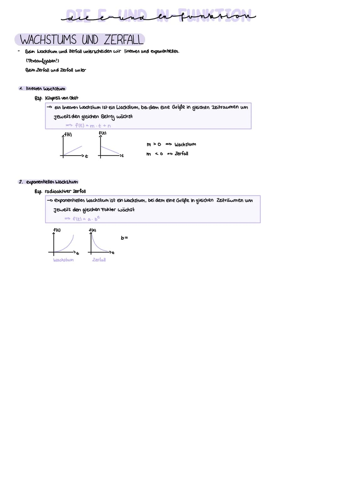1. Lineare Funktionen: f(x) =mx+n
m = Sleigung
y = y-Achsenabschnitt
Eigenschaften:
- Monotenie:
Ableitungen / Integrale
Nullstelle: f(x)/y 