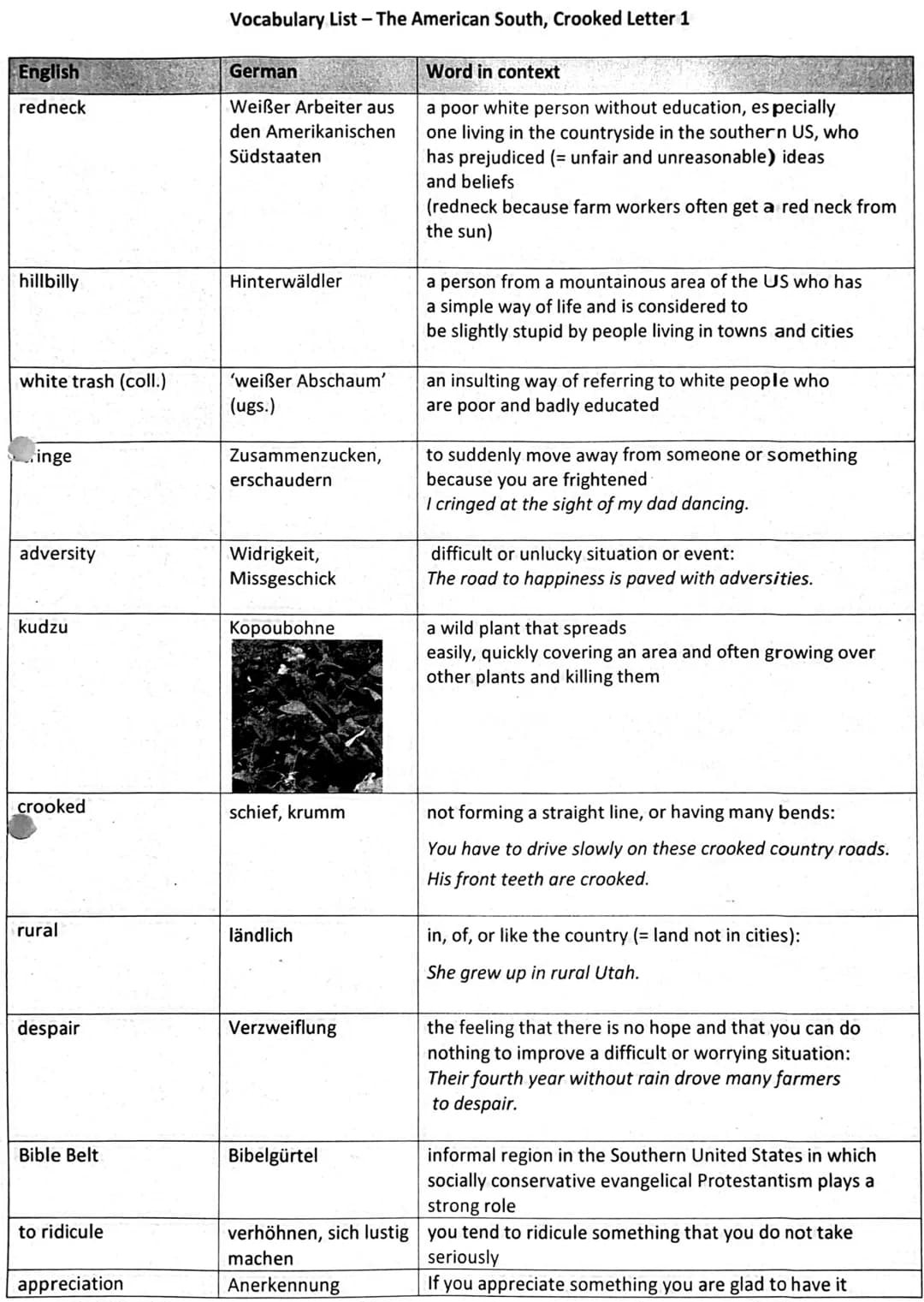 English
redneck
hillbilly
white trash (coll.)
inge
adversity
kudzu
crooked
rural
despair
Bible Belt
to ridicule
appreciation
Vocabulary List