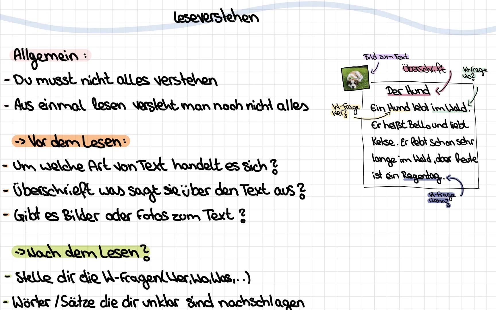 # Leseverstehen

Allgemein:
- Du musst nicht alles verstehen
-
Aus einmal lesen versteht man noch nicht alles

-> Vor dem Lesen:
- Um welche