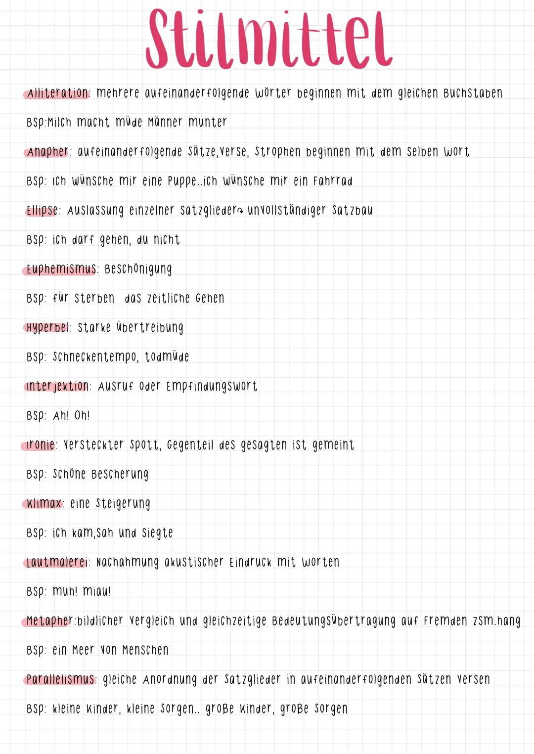 # Stilmittel

Alliteration: mehrere aufeinanderfolgende wörter beginnen mit dem gleichen Buchstaben

BSP:Milch macht müde Männer munter

Ana