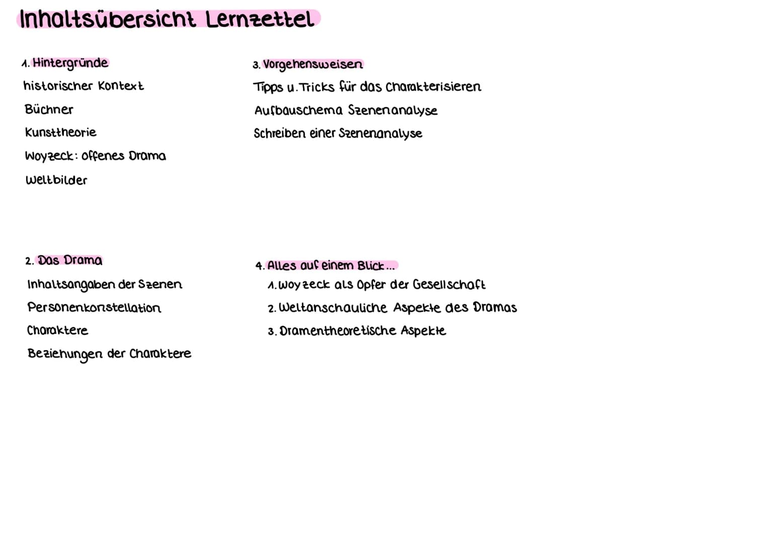 Inhaltsübersicht Lernzettel
1. Hintergründe
historischer Kontext
Büchner
Kunsttheorie
Woyzeck: offenes Drama
Weltbilder
2. Das Drama
Inhalts