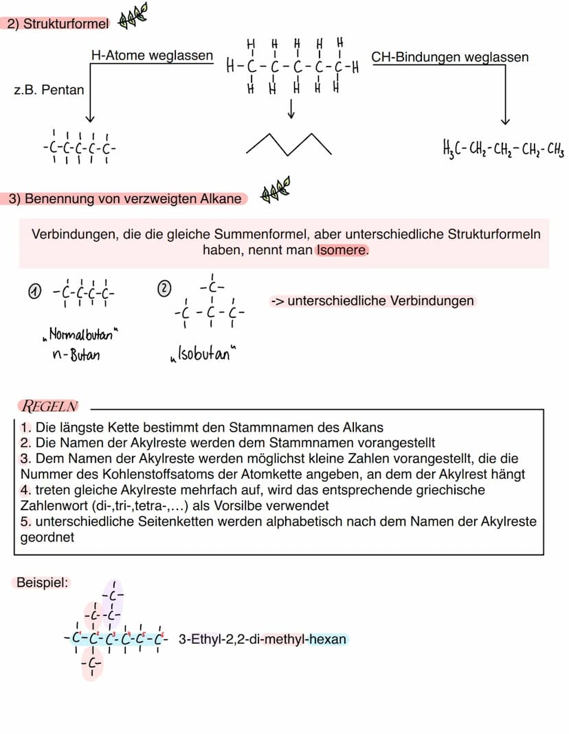 Alkane
1) homologe Reihe
Name
Methan
Ethan
Propan
Butan
Pentan
Hexan
Heptan
Oktan
Nonan
Decan
Chemie
ORGANISCHE CHEMIE
Allgemeine Summenform
