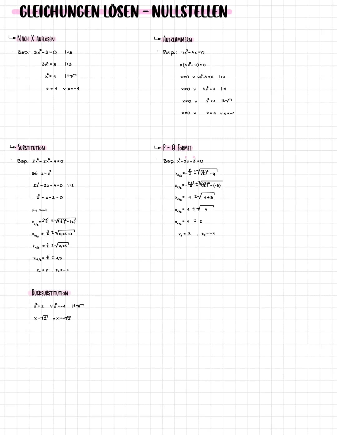GLEICHUNGEN LÖSEN - NULLSTELLEN
NACH X AUFLÖSEN
Bsp.: 3x²-3-0
3x = 3
x² = 1
SUBSTITUTION
X = 1
Bsp. 2x-2x²-y=0
Sei z= x²
1+3
z-z-2=0
p-q For