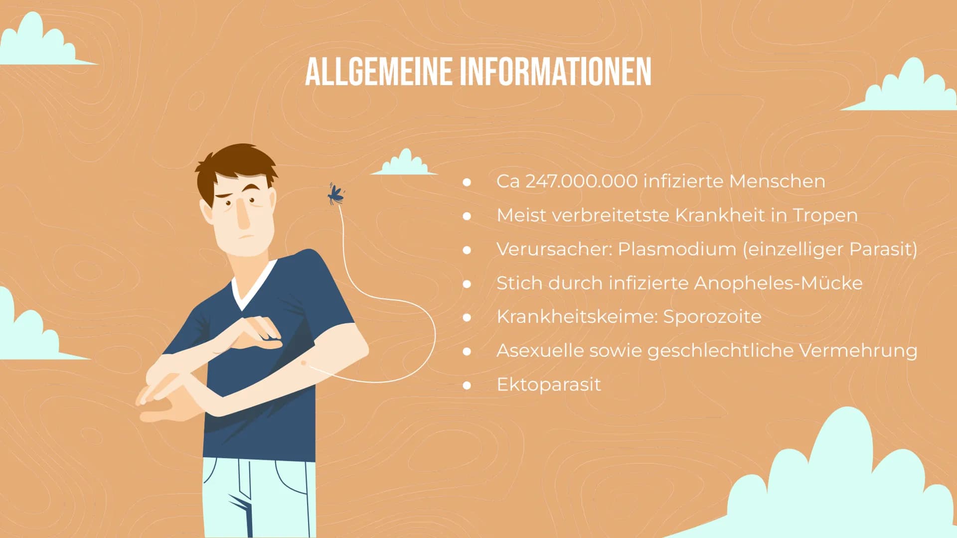 MALARIA
Von Lisa Reichert und Emma Schäfer 01
ALLGEMEINE INFORMATIONEN
Zahlen
Erregertypen
04
VORKOMMEN
Anzahl
geographisch
INHALT
02
KRANKH