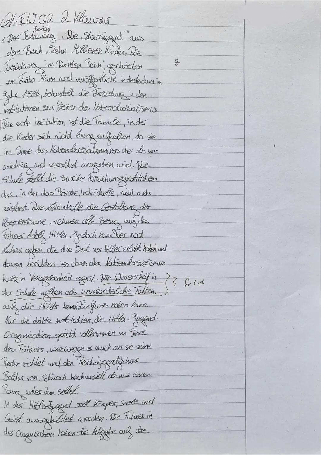 GK EW Q2
Name:
2. Klausur
6.12.122
Erika Mann: Die ,,Staatsjugend"
Der weiteste Zirkel, der in Nazideutschland um die Jugend gezogen ist, ab
