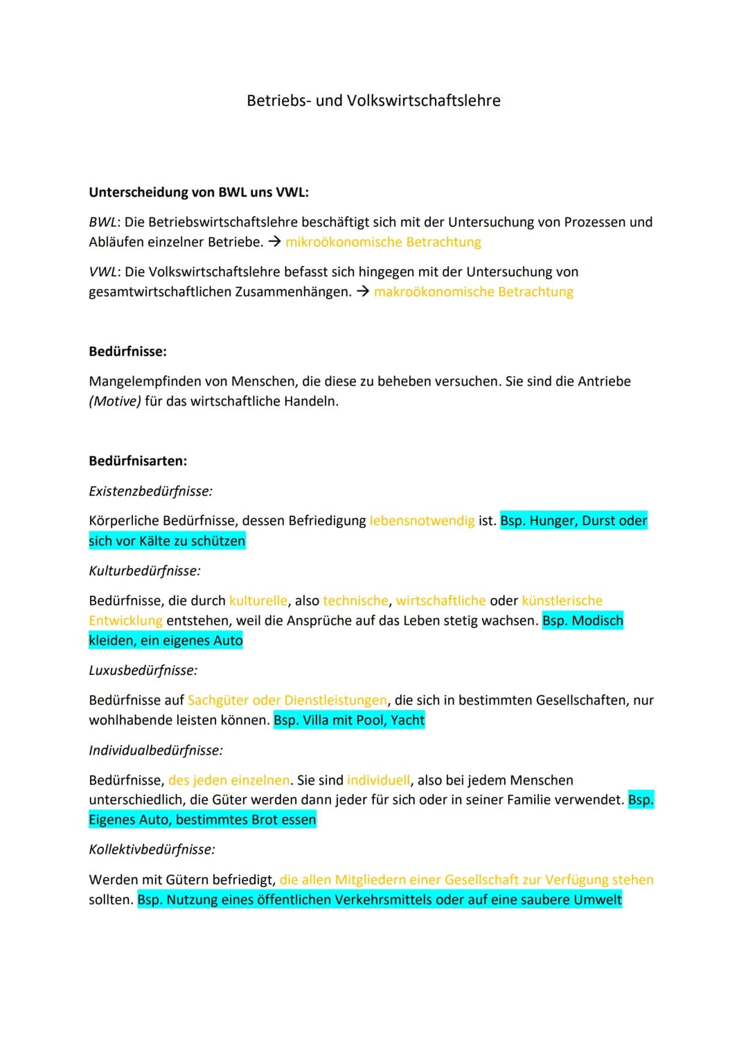 Unterscheidung von BWL uns VWL:
BWL: Die Betriebswirtschaftslehre beschäftigt sich mit der Untersuchung von Prozessen und
Abläufen einzelner