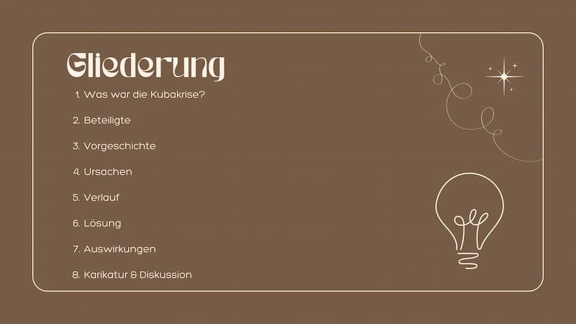 10000
Die Kubakrise Gliederung
1. Was war die Kubakrise?
2. Beteiligte
3. Vorgeschichte
4. Ursachen
5. Verlauf
6. Lösung
7. Auswirkungen
8. 