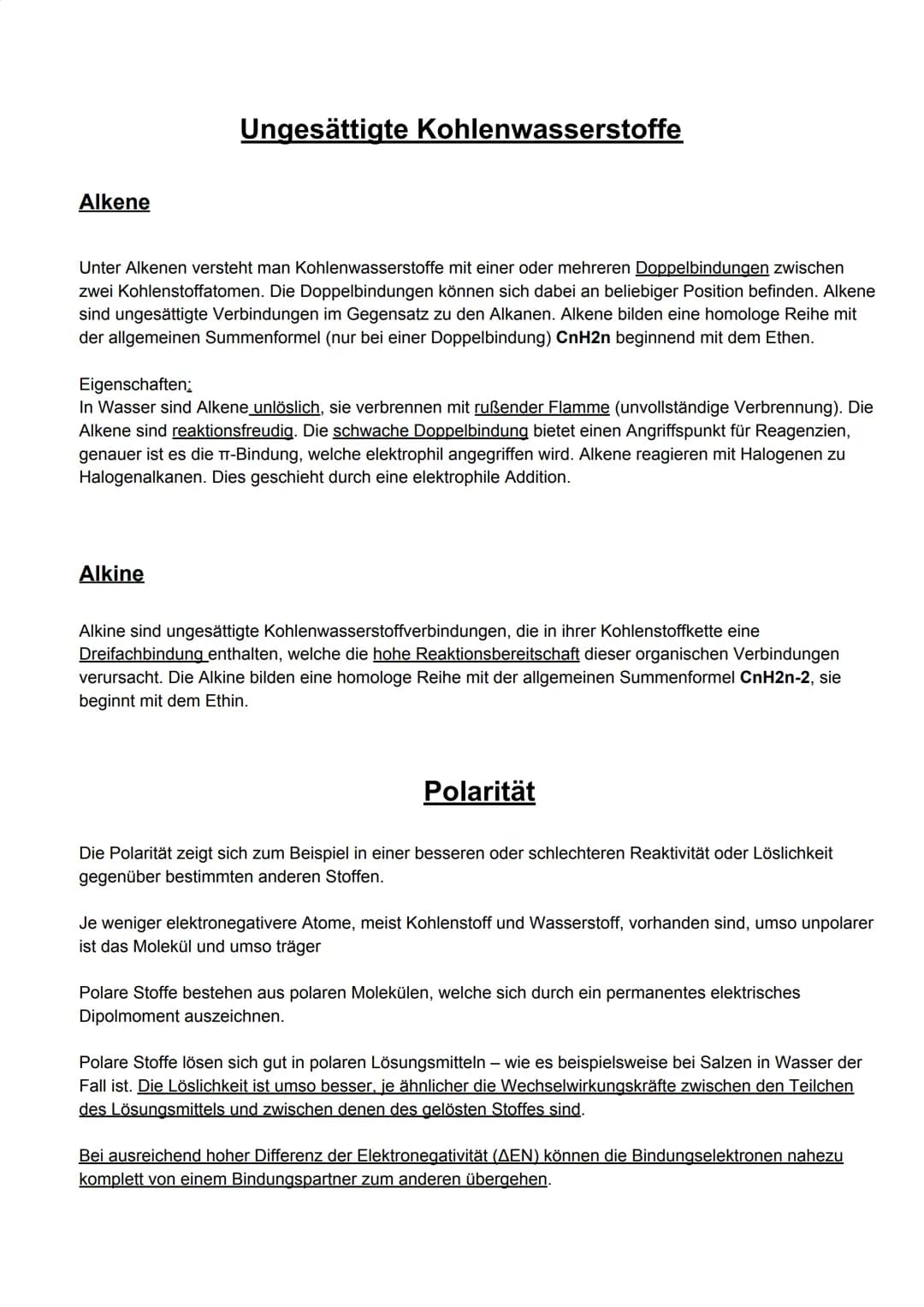 Alkene
Ungesättigte Kohlenwasserstoffe
Unter Alkenen versteht man Kohlenwasserstoffe mit einer oder mehreren Doppelbindungen zwischen
zwei K