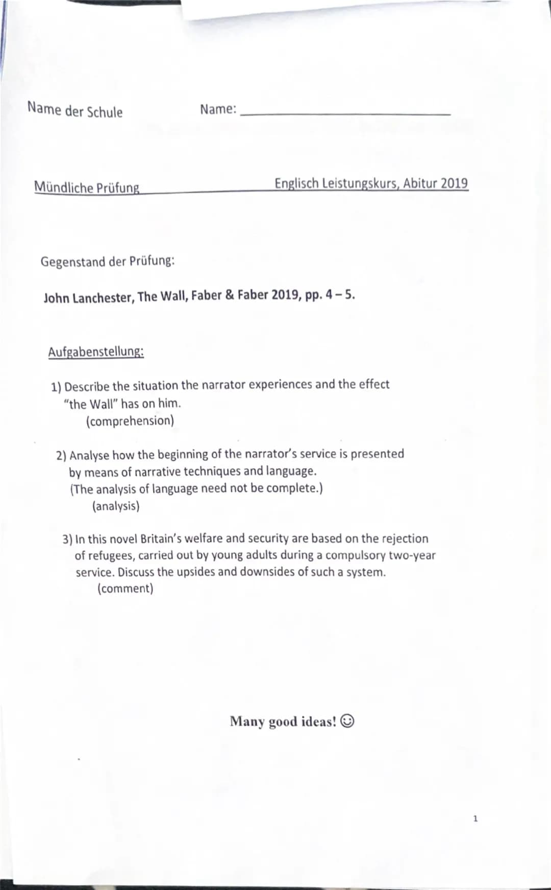 Englisch Abitur mündliche Prüfung mit Lösung 