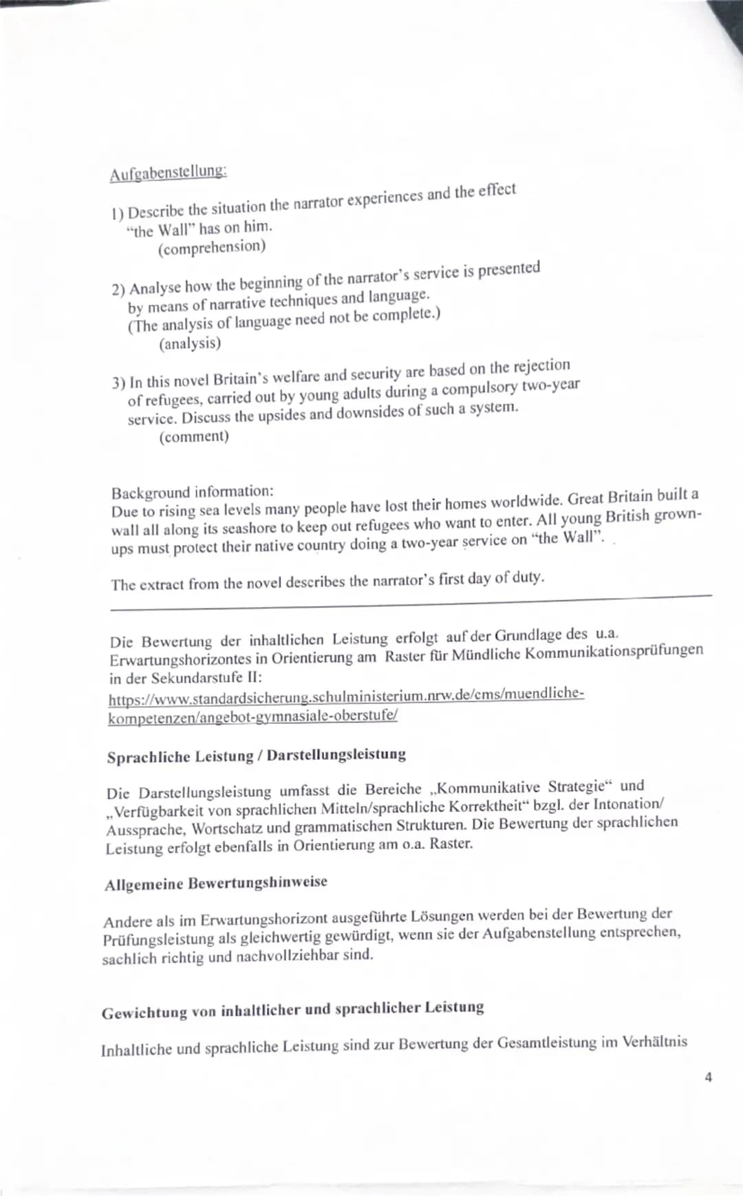 Name der Schule
Name:
Mündliche Prüfung
Englisch Leistungskurs, Abitur 2019
Gegenstand der Prüfung:
John Lanchester, The Wall, Faber & Faber