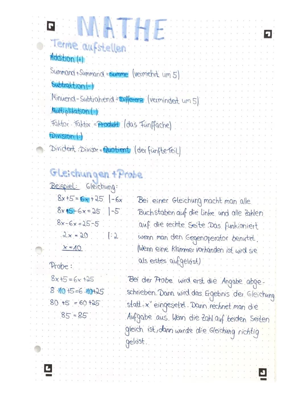 Terme aufstellen, Gleichung+Probe, binomische Formeln, Klammern auflösen 