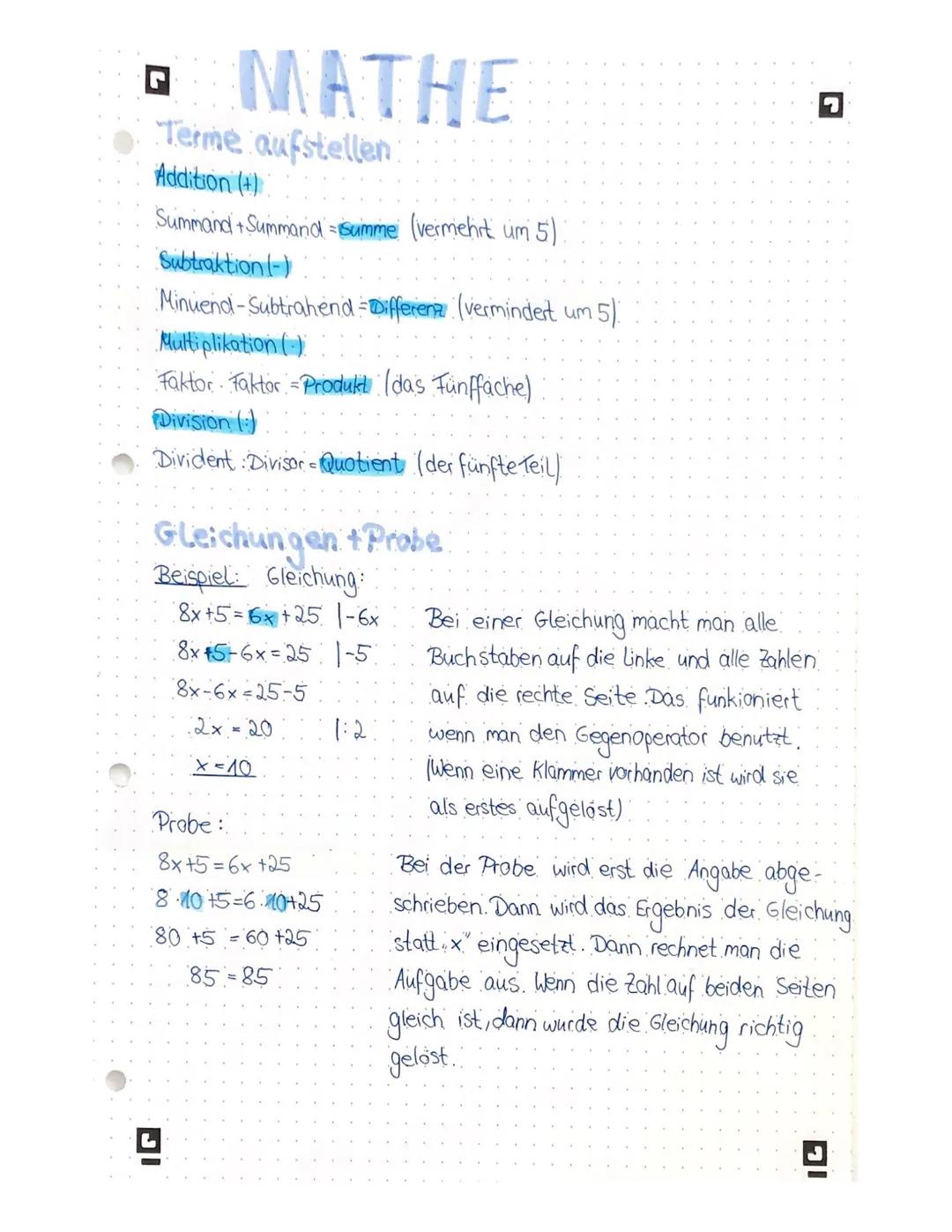 @ MATHE
Terme aufstellen
Addition (+)
Summand + Summand = Summe (vermehrt um 5)
Subtraktion (-)
Minuend - Subtrahend - Differenz (vermindert