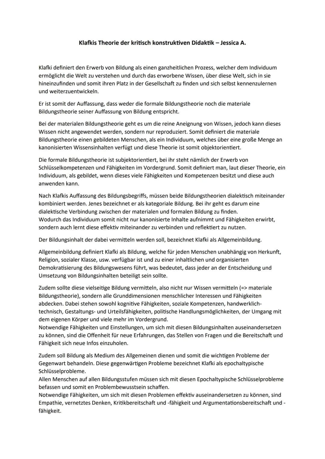 Klafki Theorie (Ausformuliert als Text)