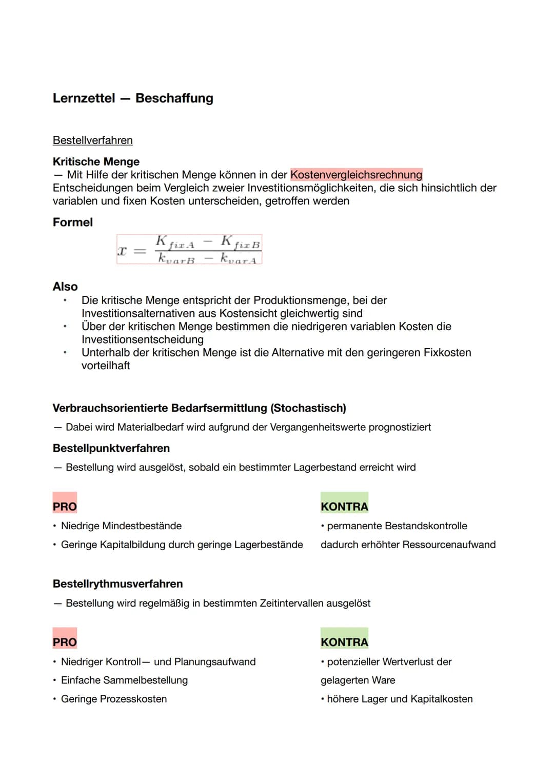 Lernzettel - Beschaffung
Make or Buy
Problemstellung
• Strategische Fragestellung (,,Empfehlung")
Kostenaspekte (kurzfristige und langfristi