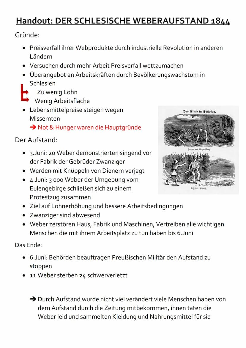 Handout: DER SCHLESISCHE WEBERAUFSTAND 1844
Gründe:
• Preisverfall ihrer Webprodukte durch industrielle Revolution in anderen
Ländern
• Vers