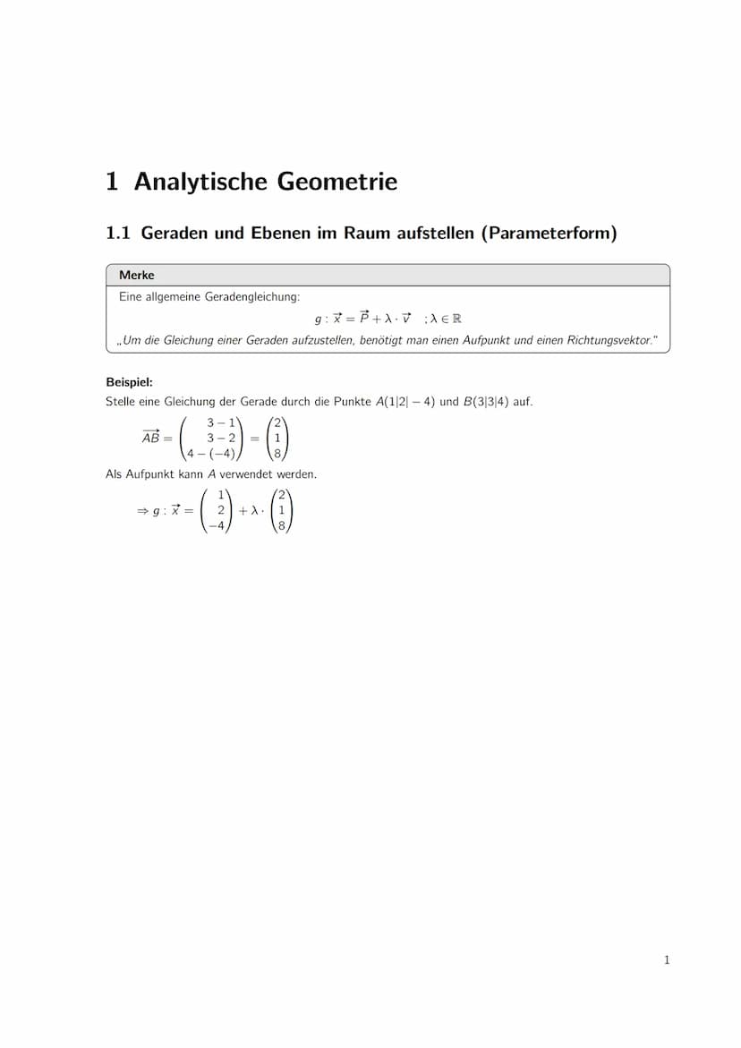 
<h2 id="geradenundebenenimraumaufstellenparameterform">Geraden und Ebenen im Raum aufstellen (Parameterform)</h2>
<p>Eine allgemeine Gerade