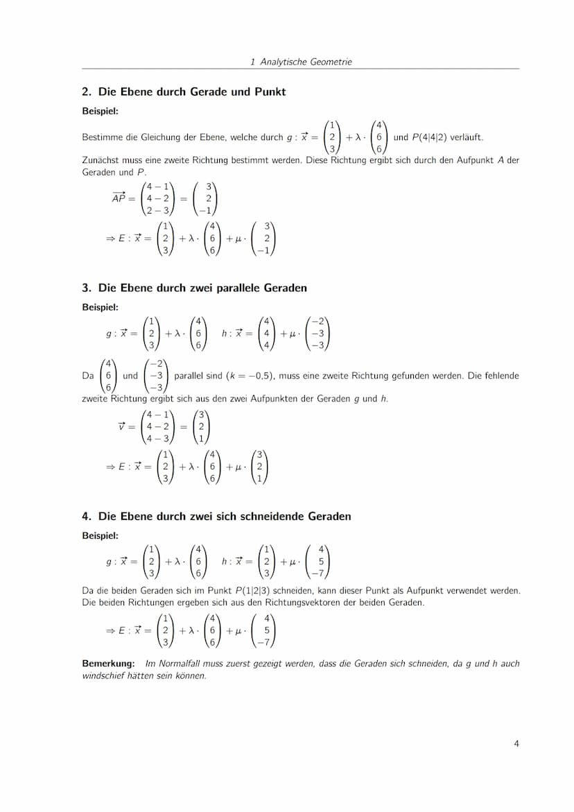 
<h2 id="geradenundebenenimraumaufstellenparameterform">Geraden und Ebenen im Raum aufstellen (Parameterform)</h2>
<p>Eine allgemeine Gerade