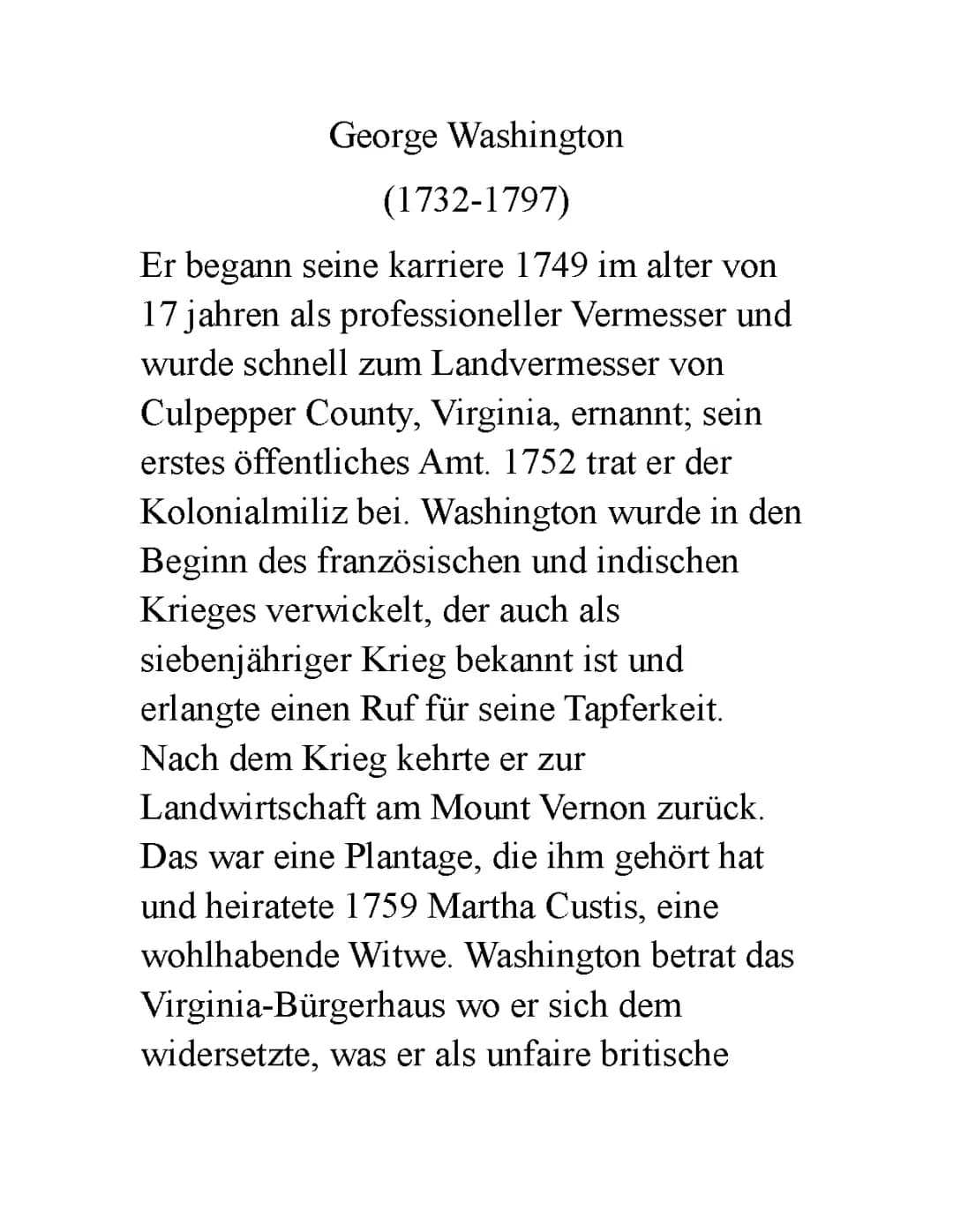 Georg Washington Lebenslauf