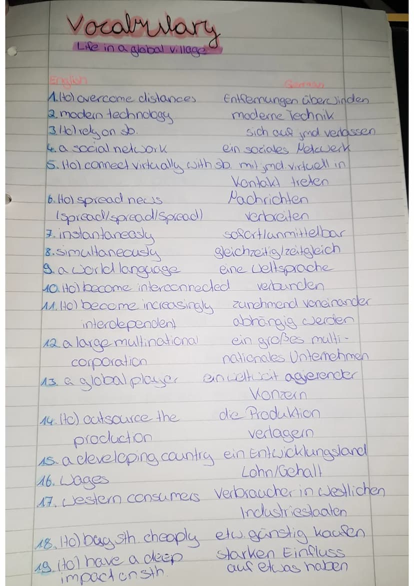 Vocabulary
Life in a global village
1. Ho) overcome distances.
2 modern technology.
3. Hol rely on so.
4. a social network
5. Hol connect vi