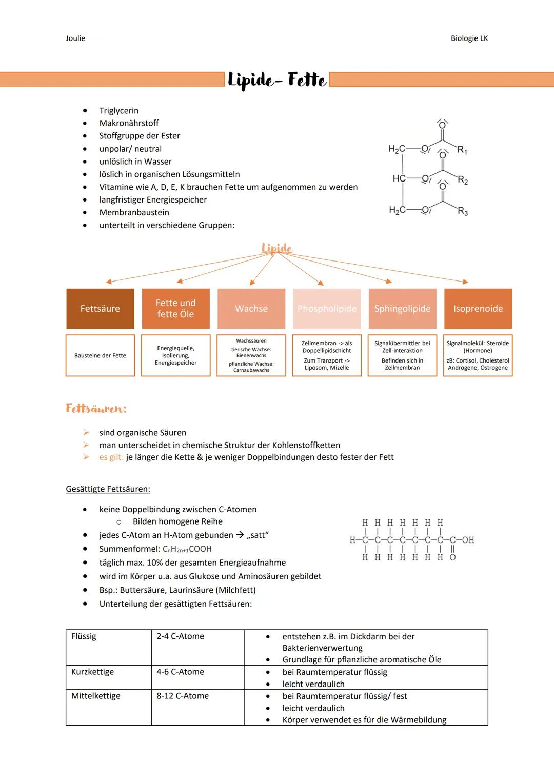 Joulie
● Triglycerin
●
●
●
●
●
Fettsäure
Bausteine der Fette
Fettsäuren:
Makronährstoff
Stoffgruppe der Ester
unpolar/ neutral
unlöslich in 
