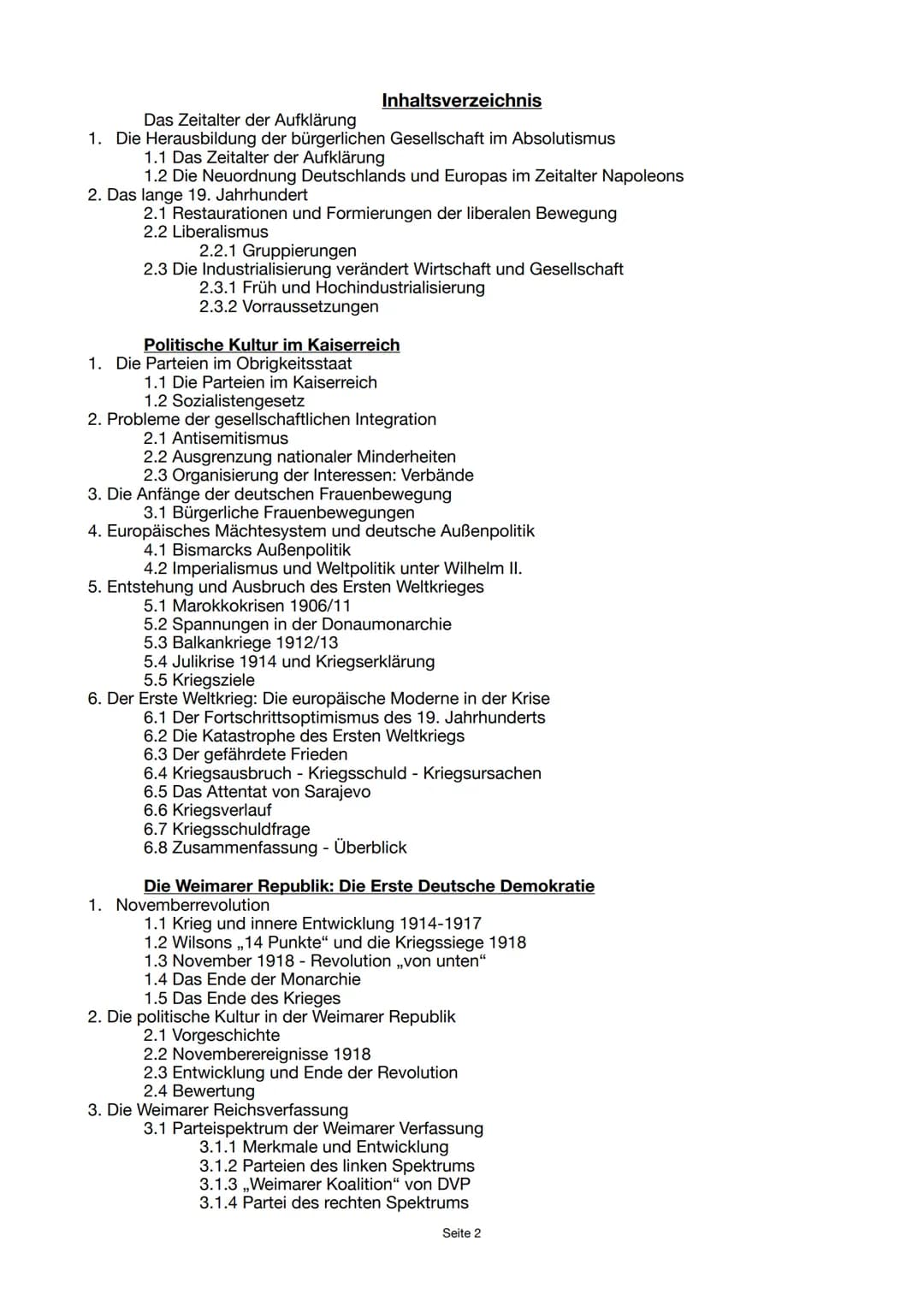 BUND
GESCHICHTE ABITUR
NOTIZEN
1848 - 1945
Seite 1 Inhaltsverzeichnis
Das Zeitalter der Aufklärung
1. Die Herausbildung der bürgerlichen Ges