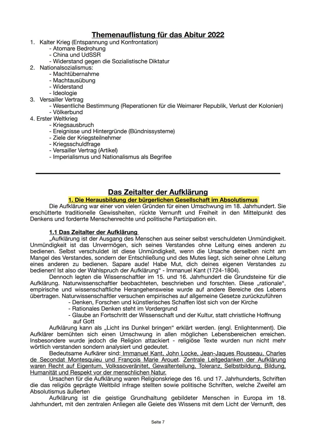 BUND
GESCHICHTE ABITUR
NOTIZEN
1848 - 1945
Seite 1 Inhaltsverzeichnis
Das Zeitalter der Aufklärung
1. Die Herausbildung der bürgerlichen Ges