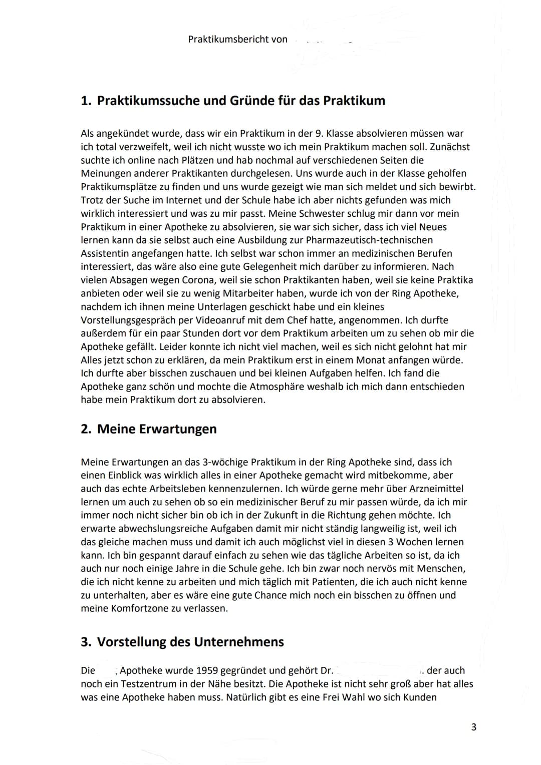 Praktikumsbericht von
Inhaltsverzeichnis
1. Praktikumssuche und Gründe für das Praktikum...
2. Erwartungen........
3. Vorstellung des Untern