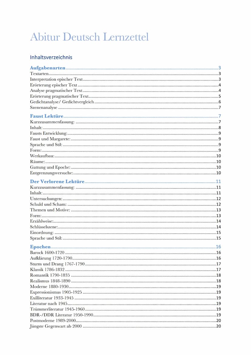 Abitur Deutsch Lernzettel
Inhaltsverzeichnis
Aufgabenarten.
Textarten.......
Interpretation epischer Text...
Erörterung epischer Text
Analys