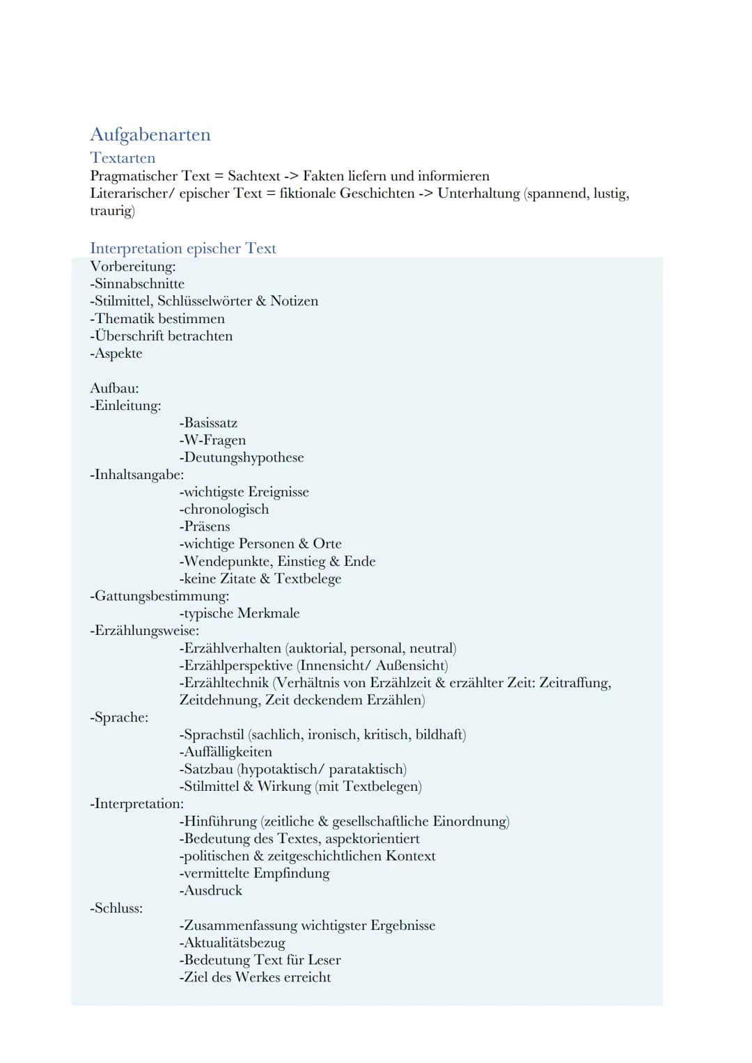 Abitur Deutsch Lernzettel
Inhaltsverzeichnis
Aufgabenarten.
Textarten.......
Interpretation epischer Text...
Erörterung epischer Text
Analys