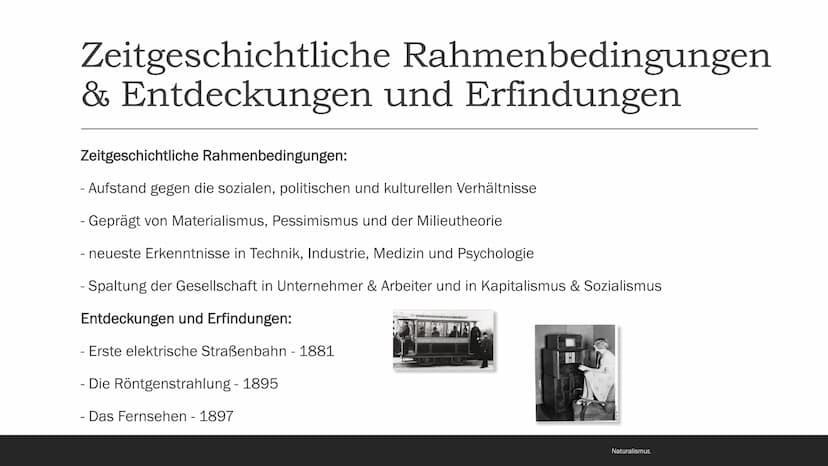Naturalismus
1880-1900 Inhaltsverzeichnis
- Begriff und Eingrenzung
- Zeitgeschichtliche Rahmenbedingungen
- Weltbild, Menschenbild und Lebe