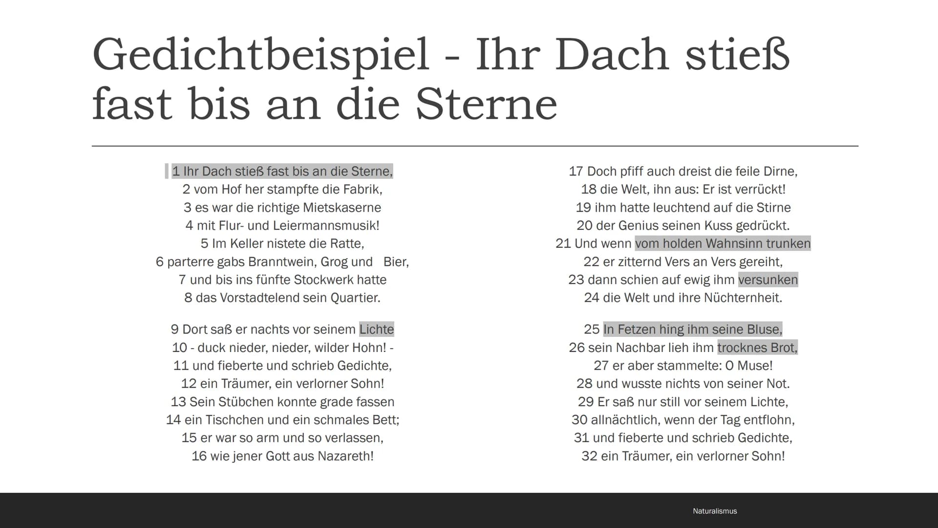 Naturalismus
1880-1900 Inhaltsverzeichnis
- Begriff und Eingrenzung
- Zeitgeschichtliche Rahmenbedingungen
- Weltbild, Menschenbild und Lebe