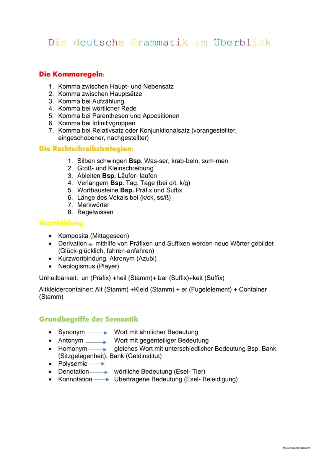 Die deutsche Grammatik im Überblick
Die Kommaregeln:
1. Komma zwischen Haupt- und Nebensatz
2. Komma zwischen Hauptsätze
3. Komma bei Aufzäh