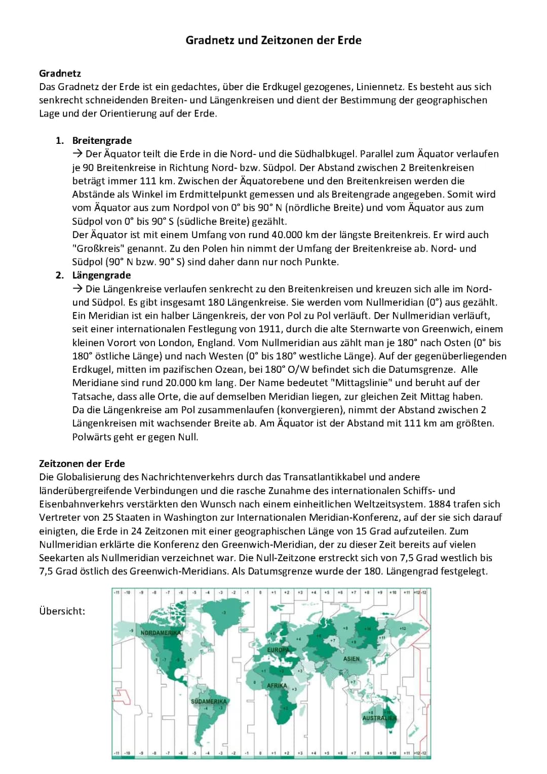Gradnetz und Zeitzonen der Erde für Kinder - Zeitzonen Karte & Tabelle, Nullmeridian & Datumsgrenze erklärt