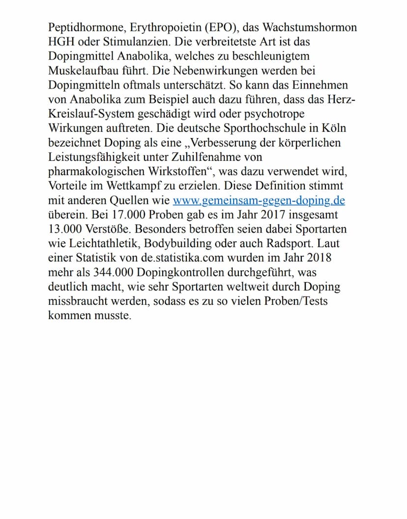 Doping im Sport
Unter Doping versteht man zugelassene Arzneimittel, legale
und illegale Rauschmittel, experimentelle Wirkstoffe und
außerdem