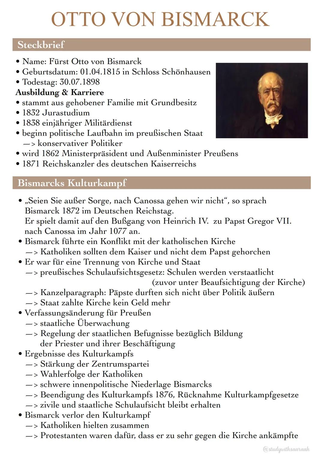 Steckbrief
• Name: Fürst Otto von Bismarck
● Geburtsdatum: 01.04.1815 in Schloss Schönhausen
OTTO VON BISMARCK
●
Todestag: 30.07.1898
Ausbil