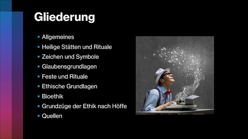 Das Judentum Gliederung
Allgemeines
Glaubensgrundlagen
Erscheinungsbild
Grundgzüge des
Judentums nach
Höffe
Heilige Städte &
Orte
Ethische
G